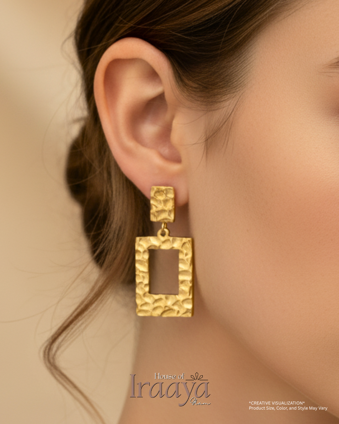 Hammered Texture With Open Square Drop Hoop Earnings