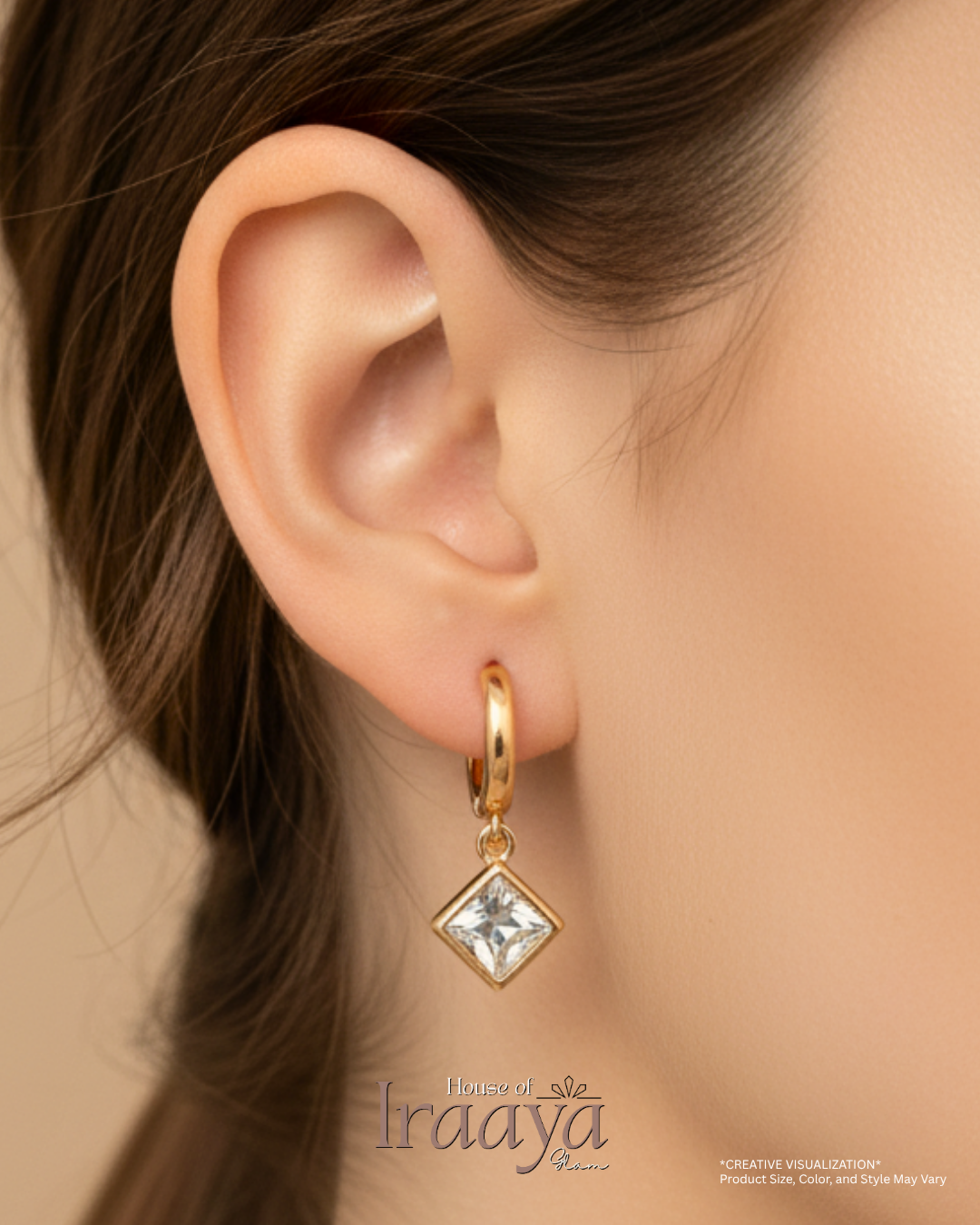 Gold Plated Hoop Earrings with Square Crystal Stone
