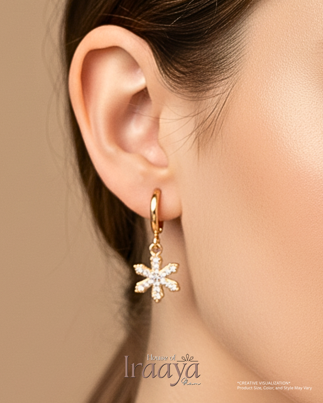 Gold Plated Hoop Earrings With Floral Design With Cubic Stones Embellishments