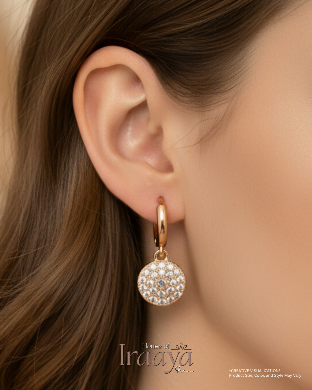 Gold Plated Hoop Earrings with Sparkling Disc Charm
