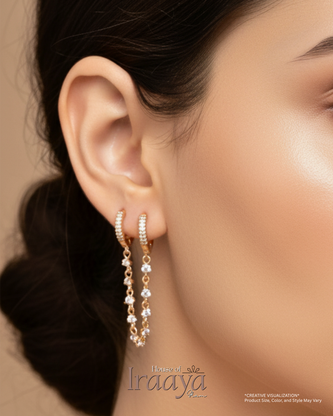 Gold Plated Double Hoop Connected By a Stoned Studded Chain