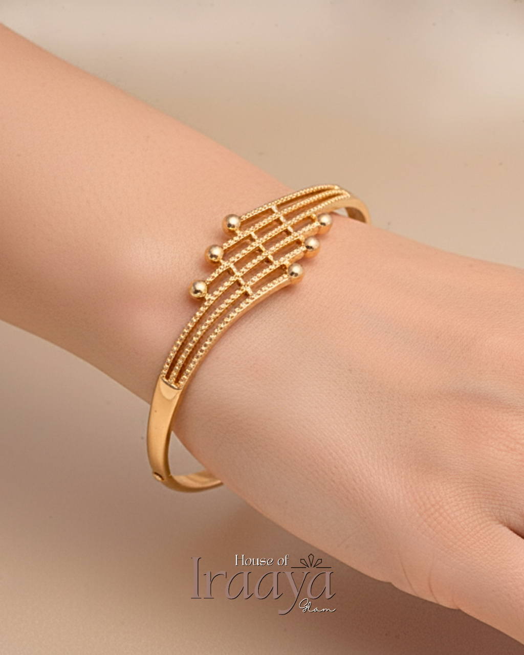 Gold Multi Line Bead Accent Open Kada