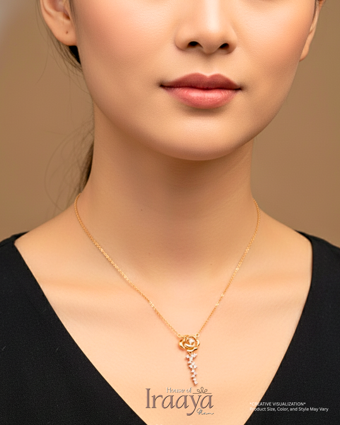 Gold Rose Inspired Pendant Chain With a Cascading Stone Drop