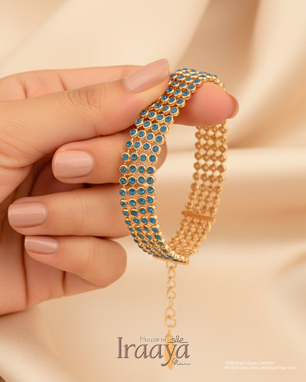 Gold Royal Blue Swarovski Stoned Mesh Gold Bracelet