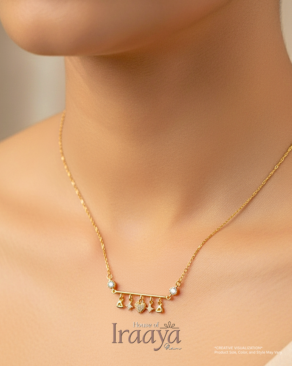 Gold Bar Pendant Chain With Multiple Dangling Charms