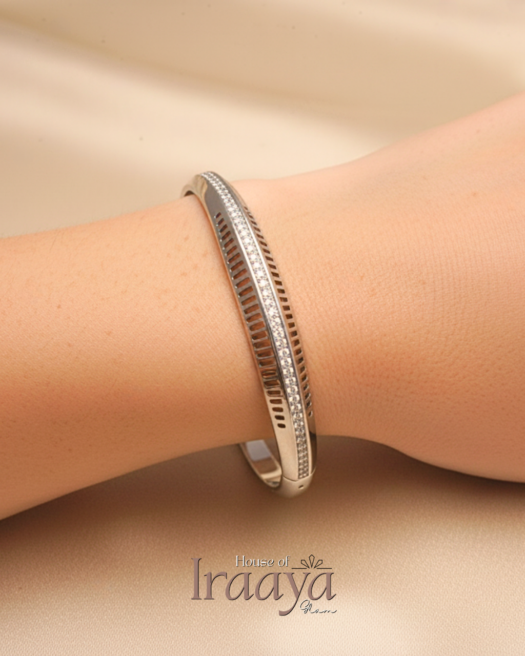 Silver Cutwork Kada with Crystal Border