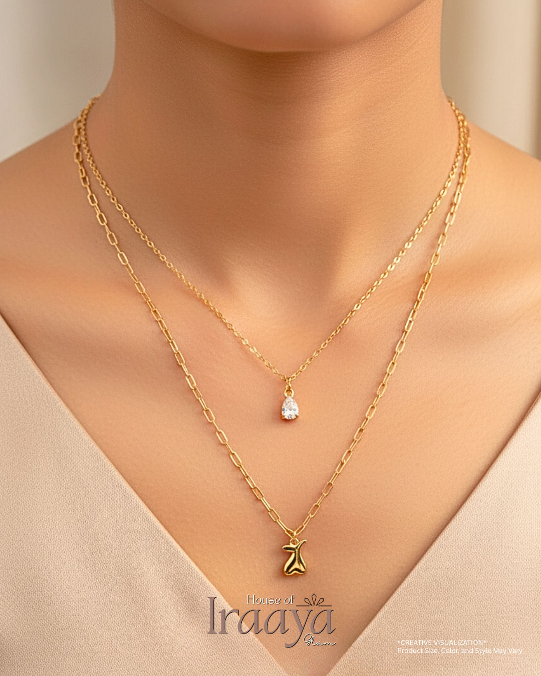 Dual Layered Chain With Teardrop And Abstract Charm Pendants