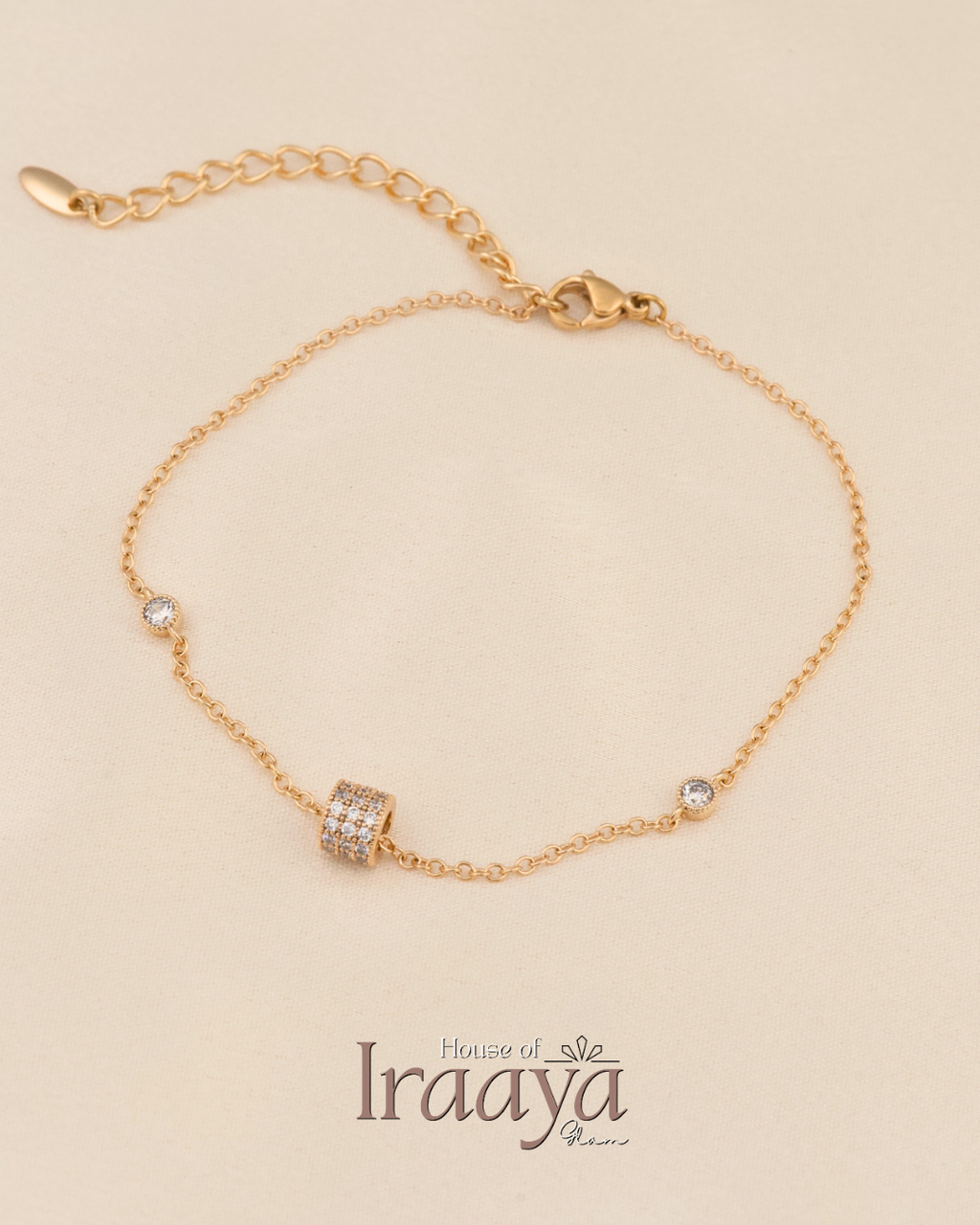 Crystal Encrusted Barrel Charm Gold Bracelet