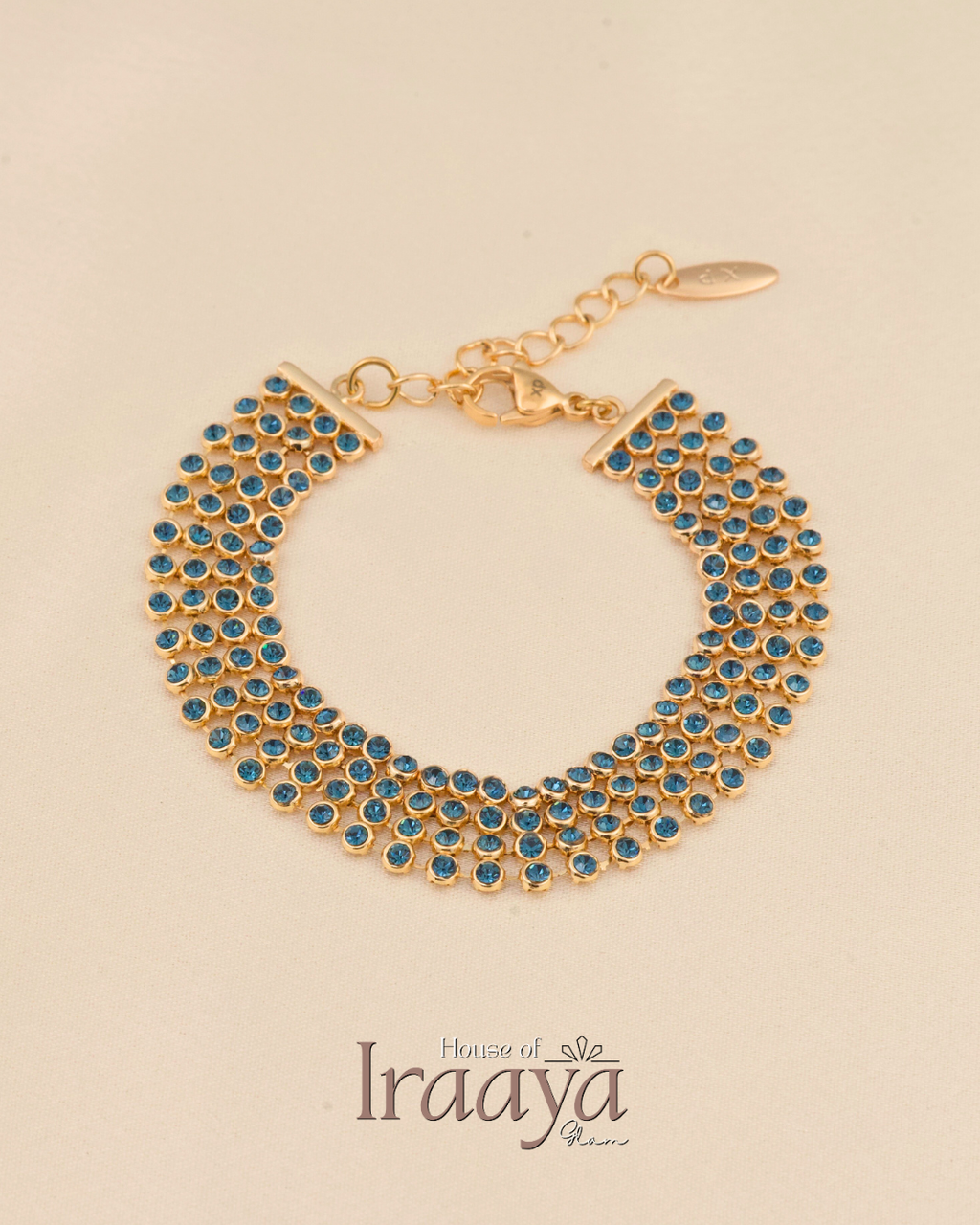 Gold Royal Blue Swarovski Stoned Mesh Gold Bracelet