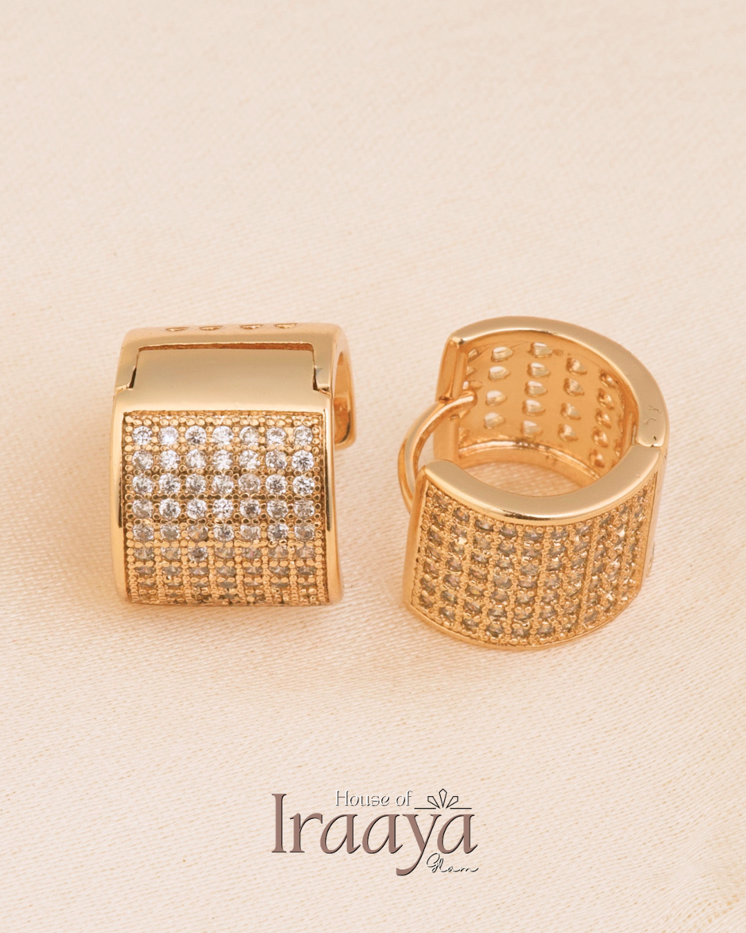 Gold-Plated Square Hoop Earrings with Crystal Embellishments