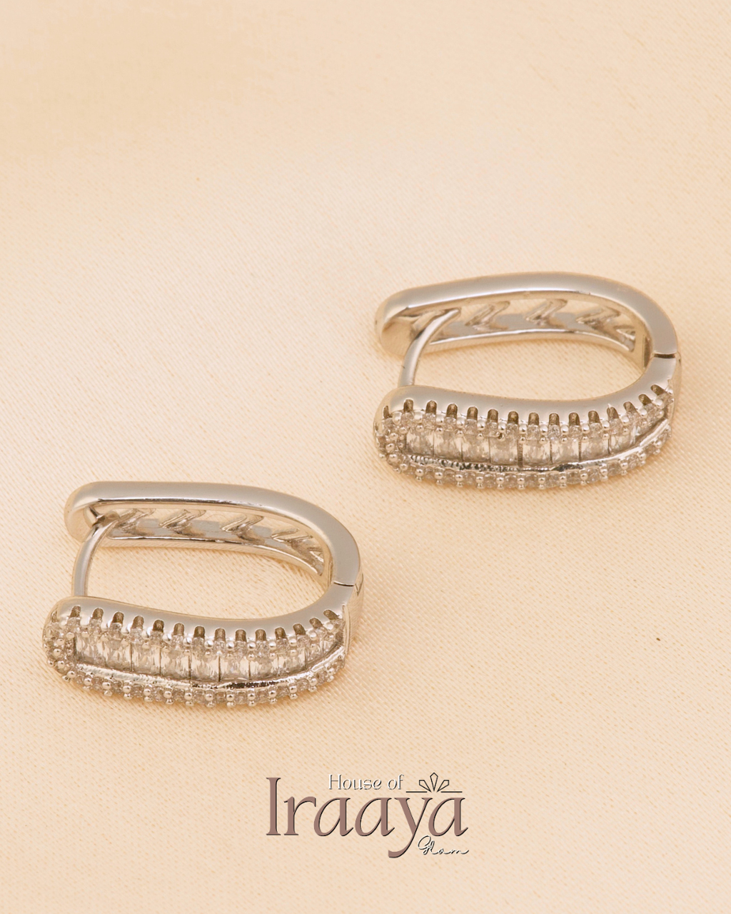 Silver-Plated Rectangular Hoop Earrings with Crystal