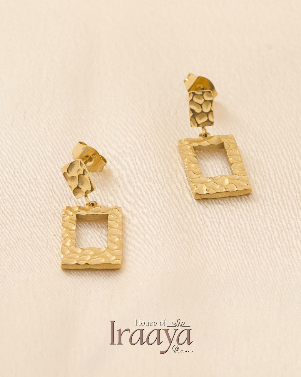Hammered Texture With Open Square Drop Hoop Earnings