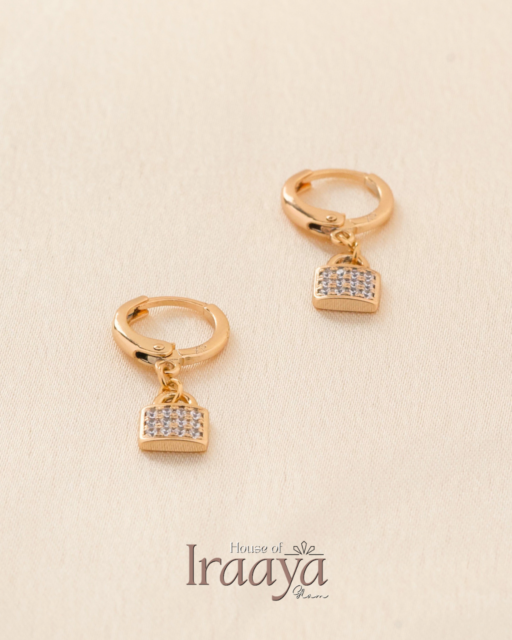 Gold Plated Hoop Earrings with Sparkling Lock Charm