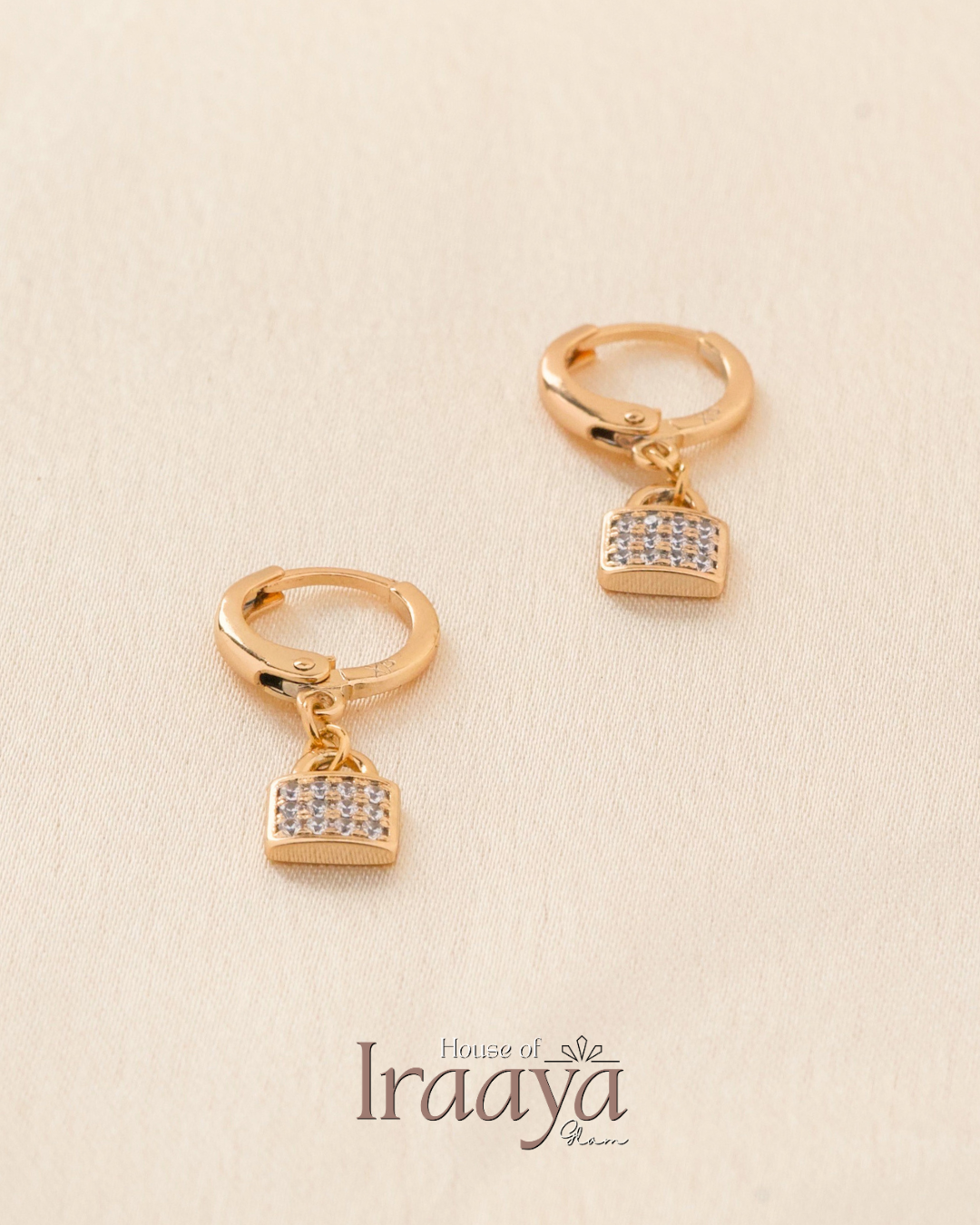 Gold Plated Hoop Earrings with Sparkling Lock Charm