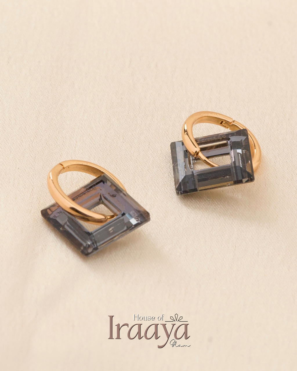 Gold Plated Hoop Earrings with Smoky Cut Crystal