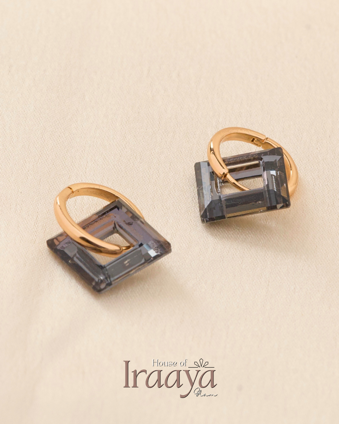 Gold Plated Hoop Earrings with Smoky Cut Crystal