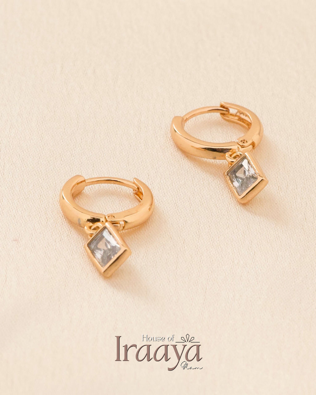 Gold Plated Hoop Earrings with Square Crystal Stone