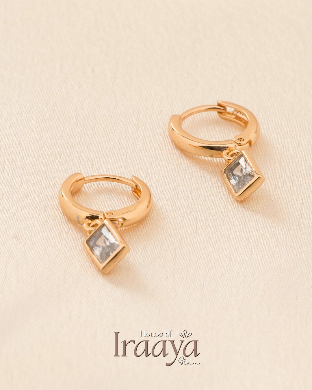 Gold Plated Hoop Earrings with Square Crystal Stone