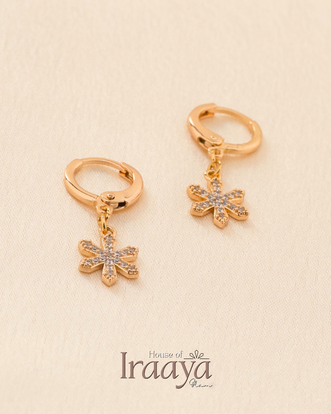 Gold Plated Hoop Earrings With Floral Design With Cubic Stones Embellishments