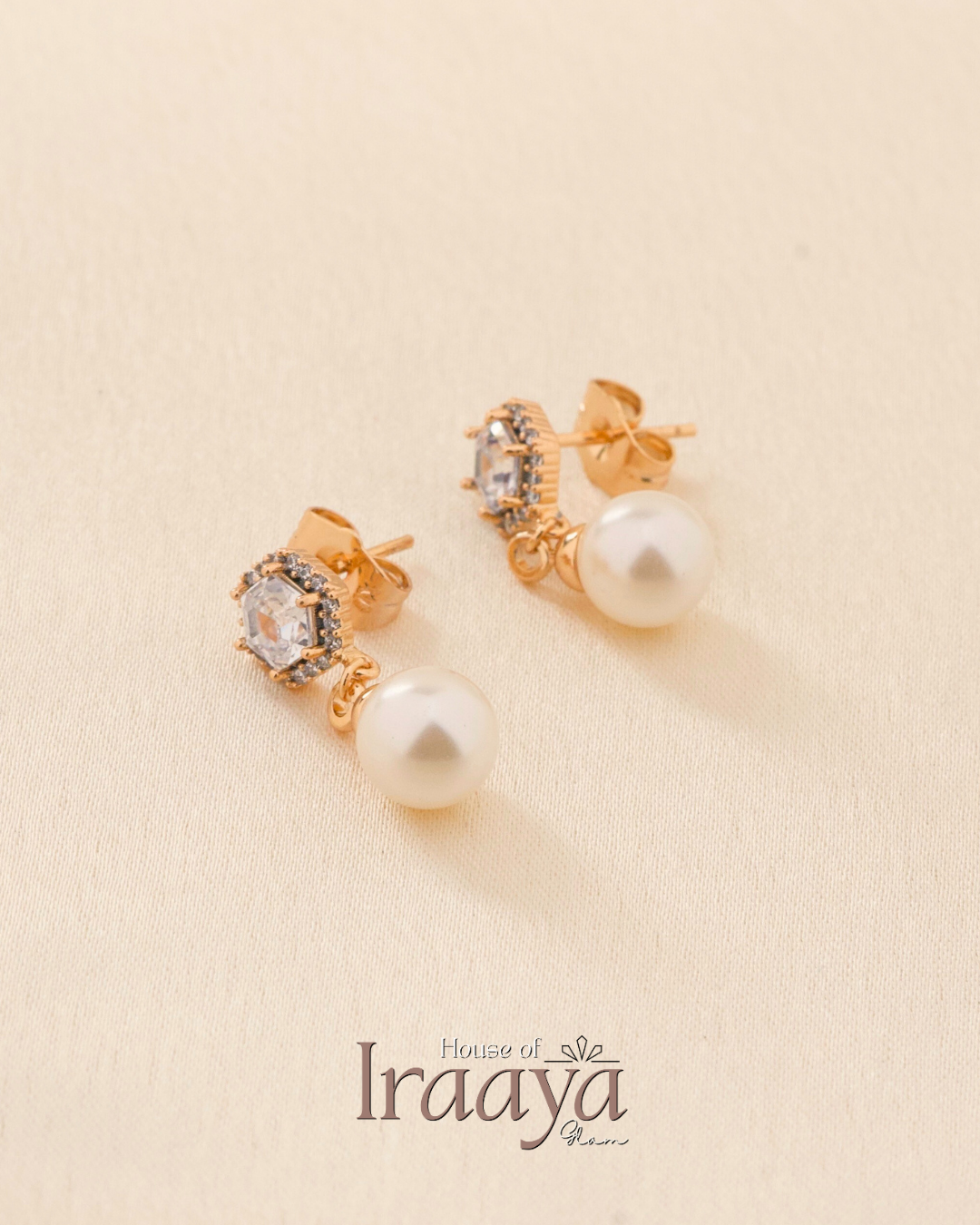 Gold Plated Pearl Drop Earrings with Crystal Stud