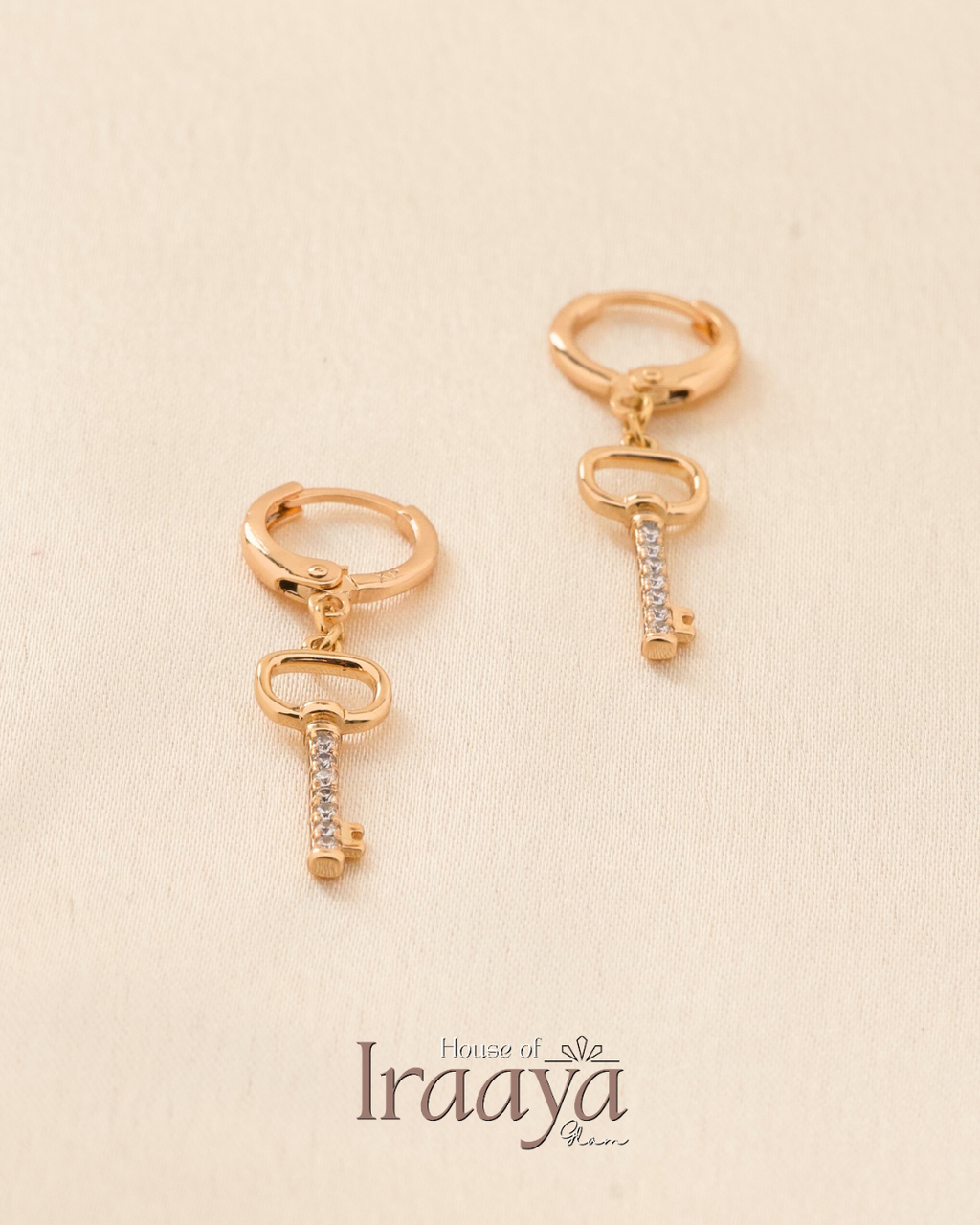 Gold Plated Key-shaped with cubic Stoned Hoop Earrings