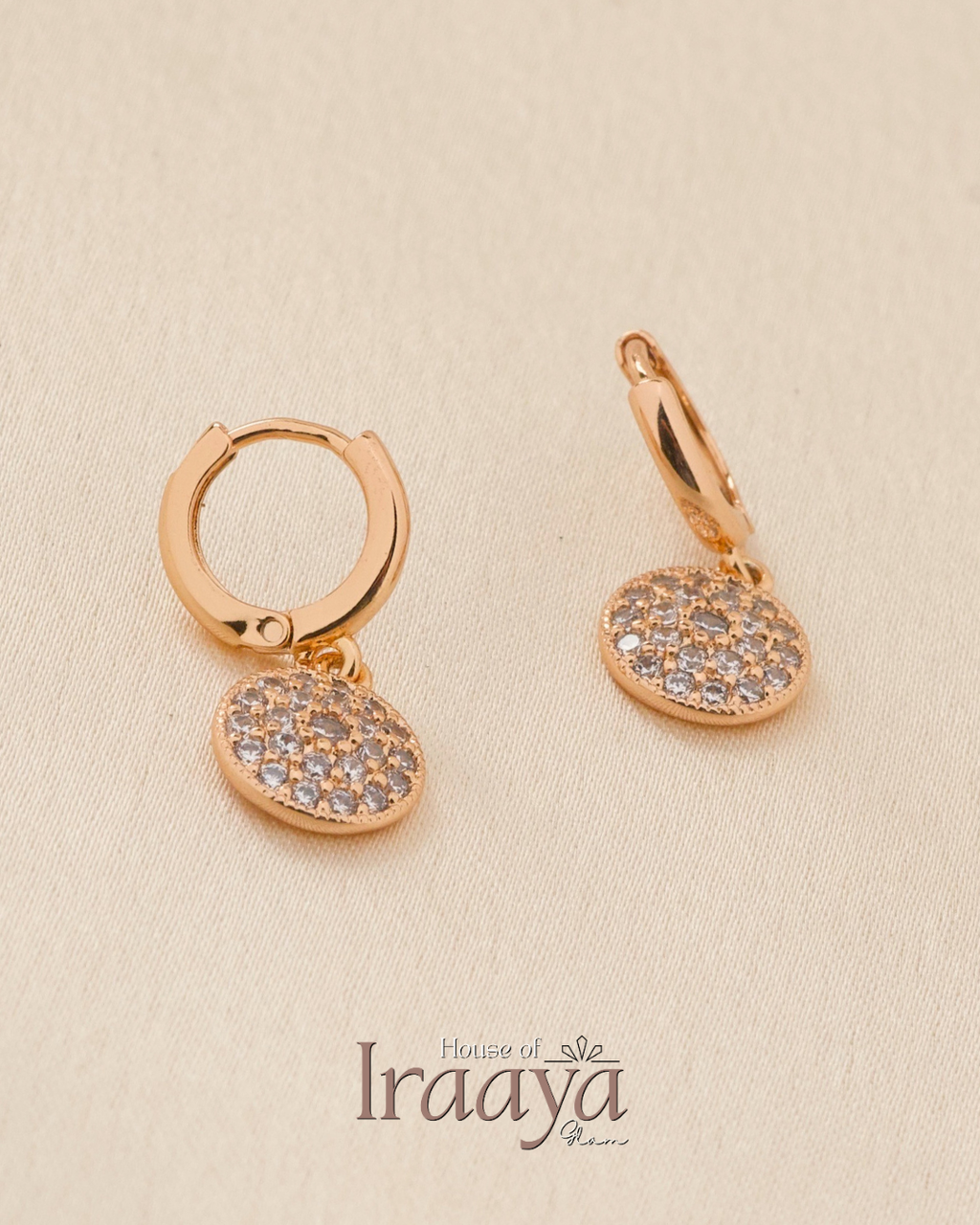 Gold Plated Hoop Earrings with Sparkling Disc Charm