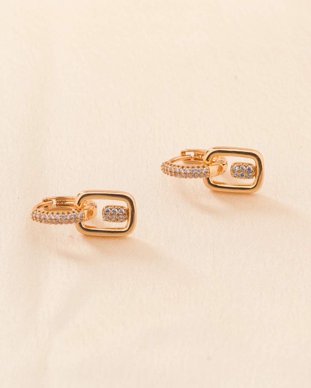 Gold Plated Geometric Rectangular Link With Stoned Studded Hoops