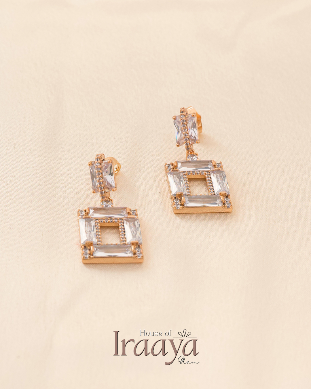 Gold Plated Square Stoned Drop Earrings
