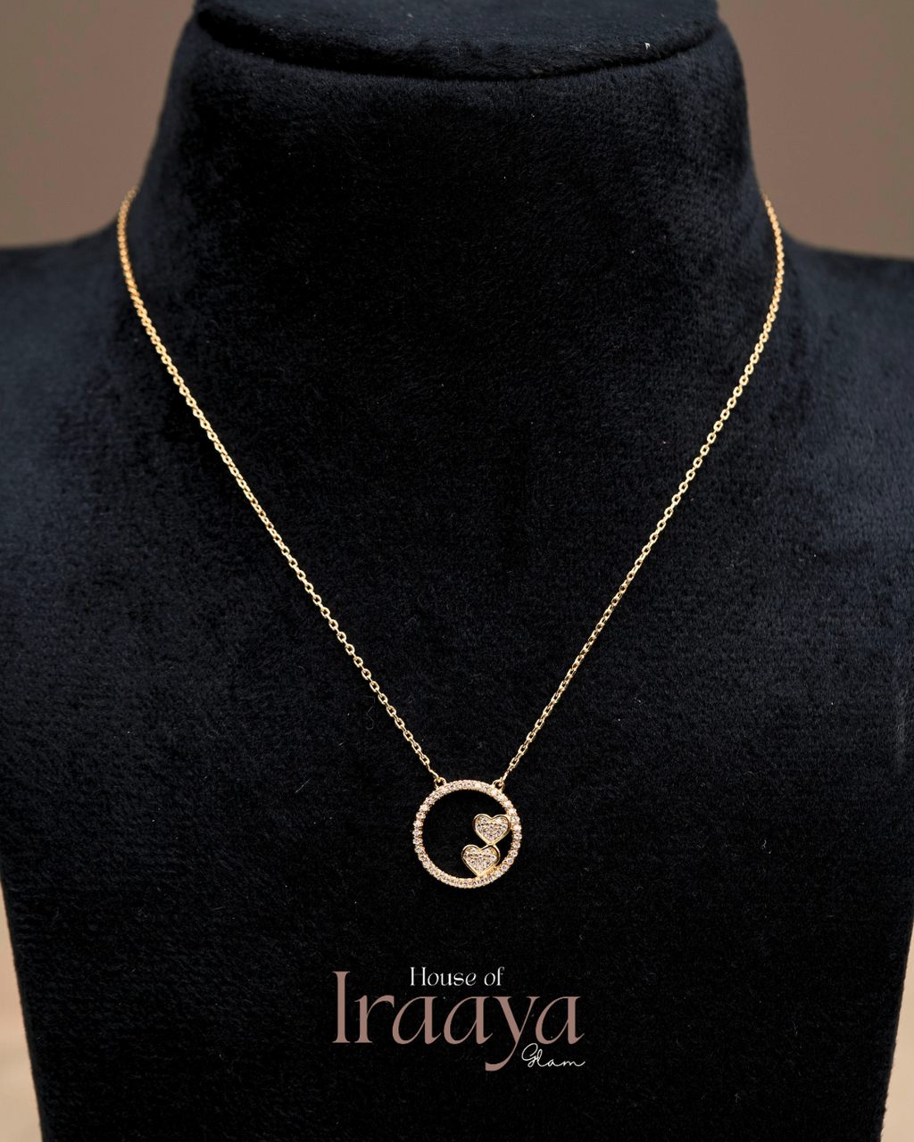 Gold Plated Stoned Double Heart Pendant Chain