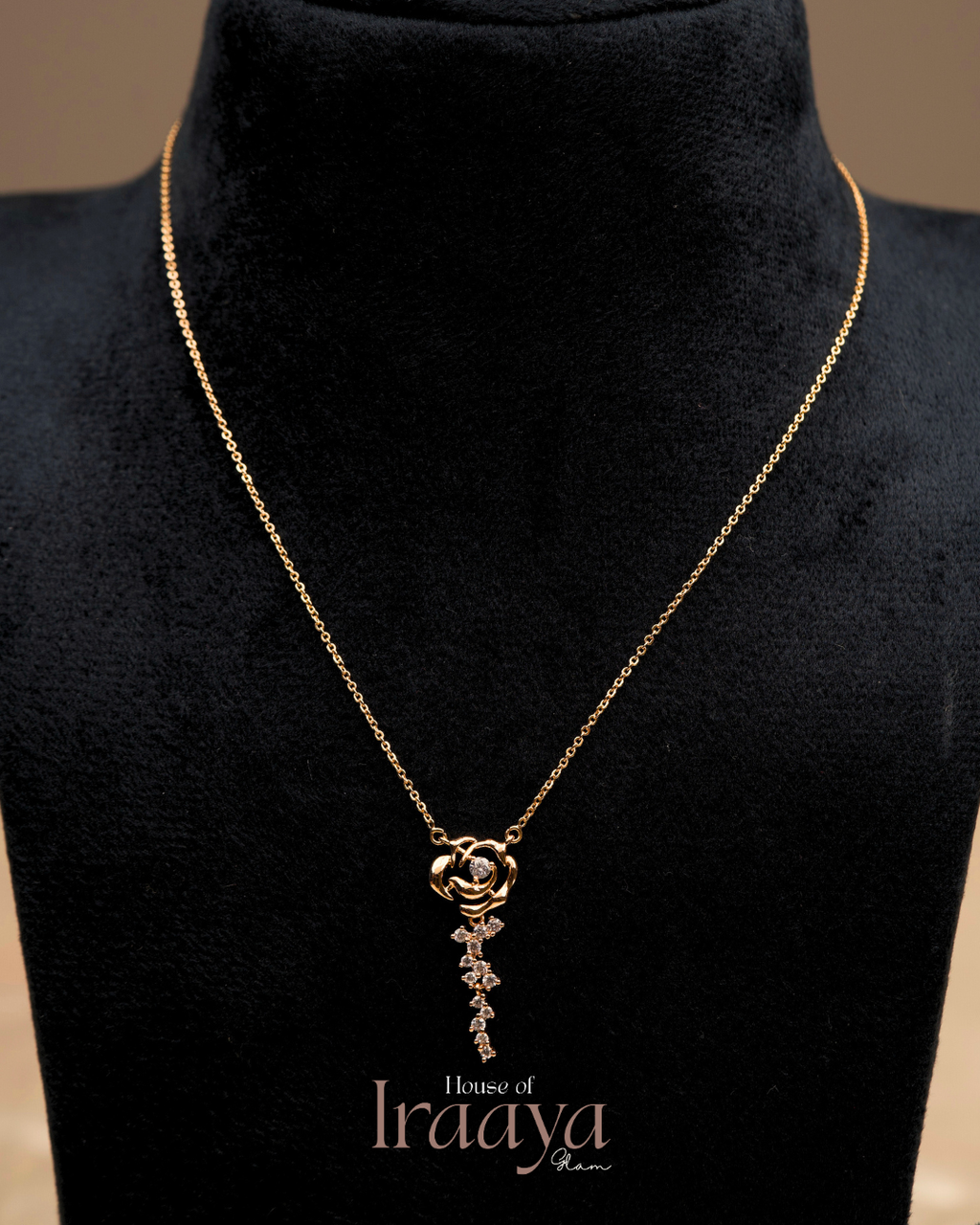 Gold Rose Inspired Pendant Chain With a Cascading Stone Drop