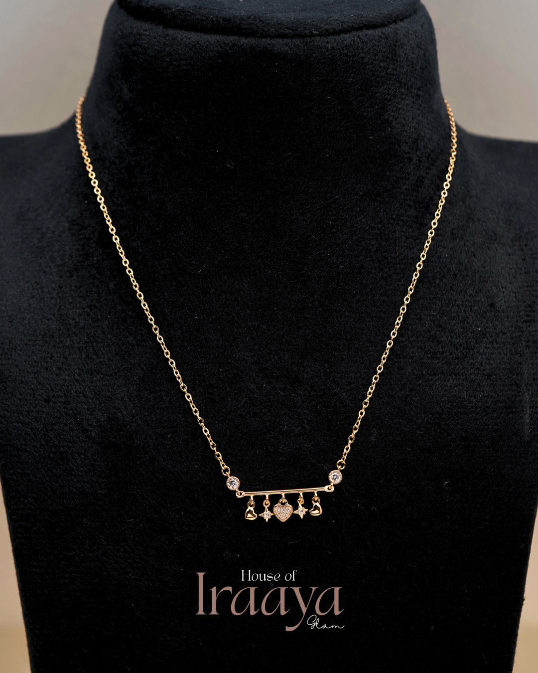 Gold Bar Pendant Chain With Multiple Dangling Charms