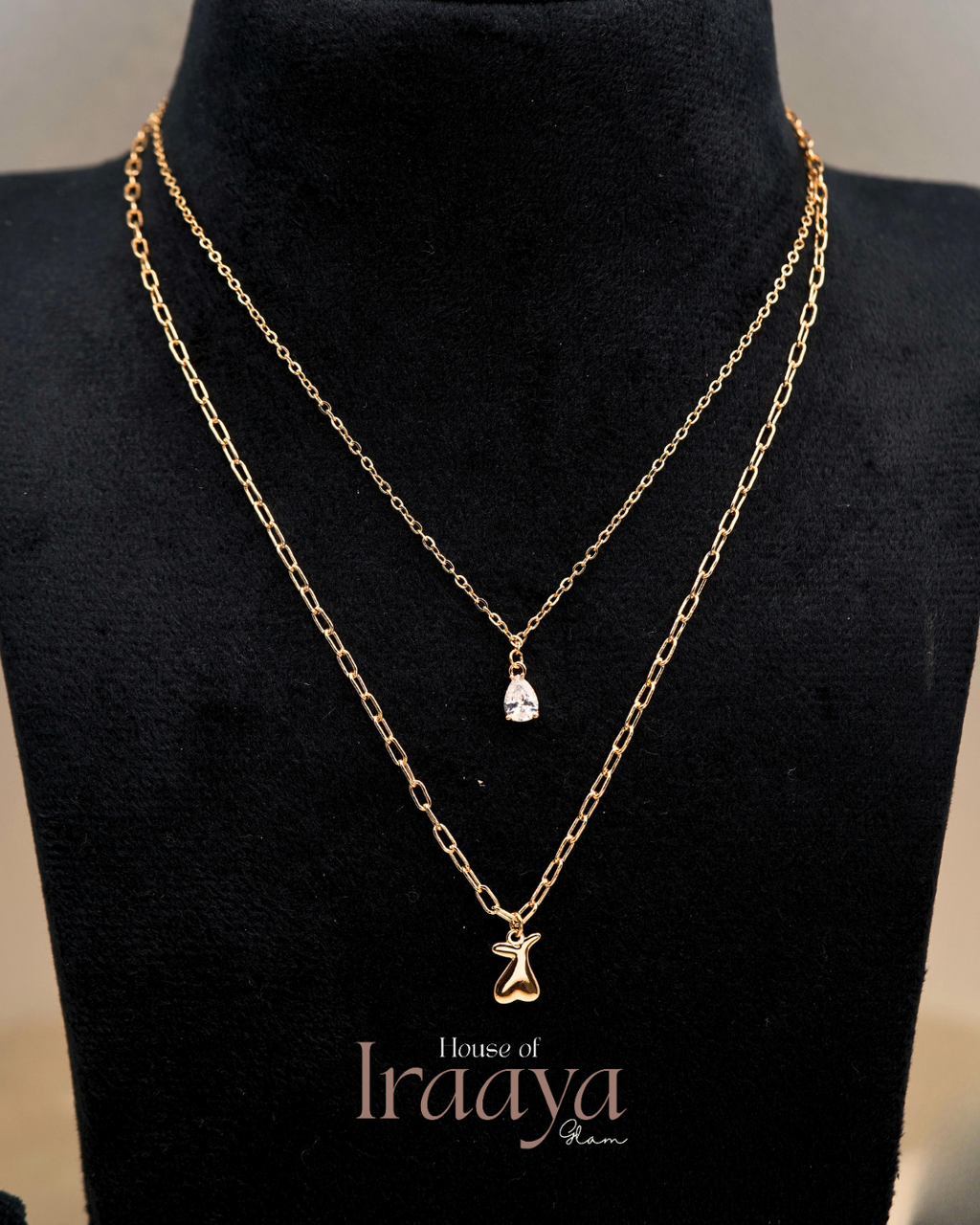 Dual Layered Chain With Teardrop And Abstract Charm Pendants