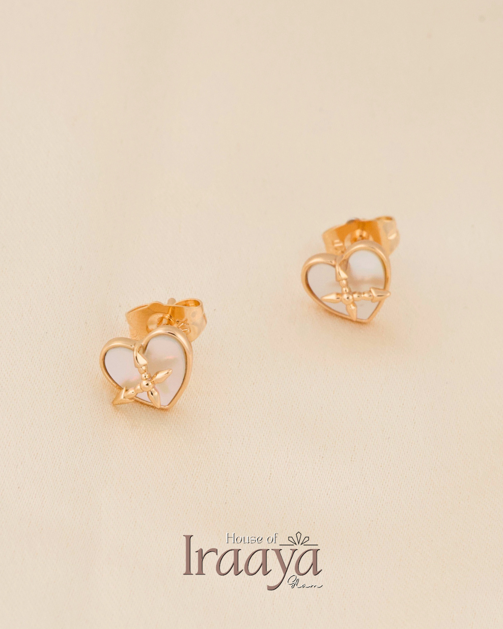 Golden Heart Stud Earrings with Cross Design